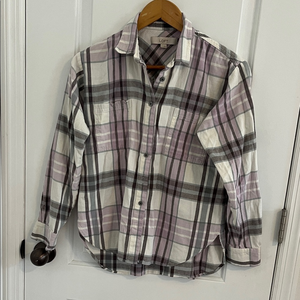 LOFT Women's Lavender and Gray Plaid Button-Down Shirt XS